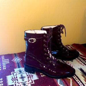 Stuart Weitzman Crystal Buckle Lace-Up Burgundy Patent Bootie - Size 8.5